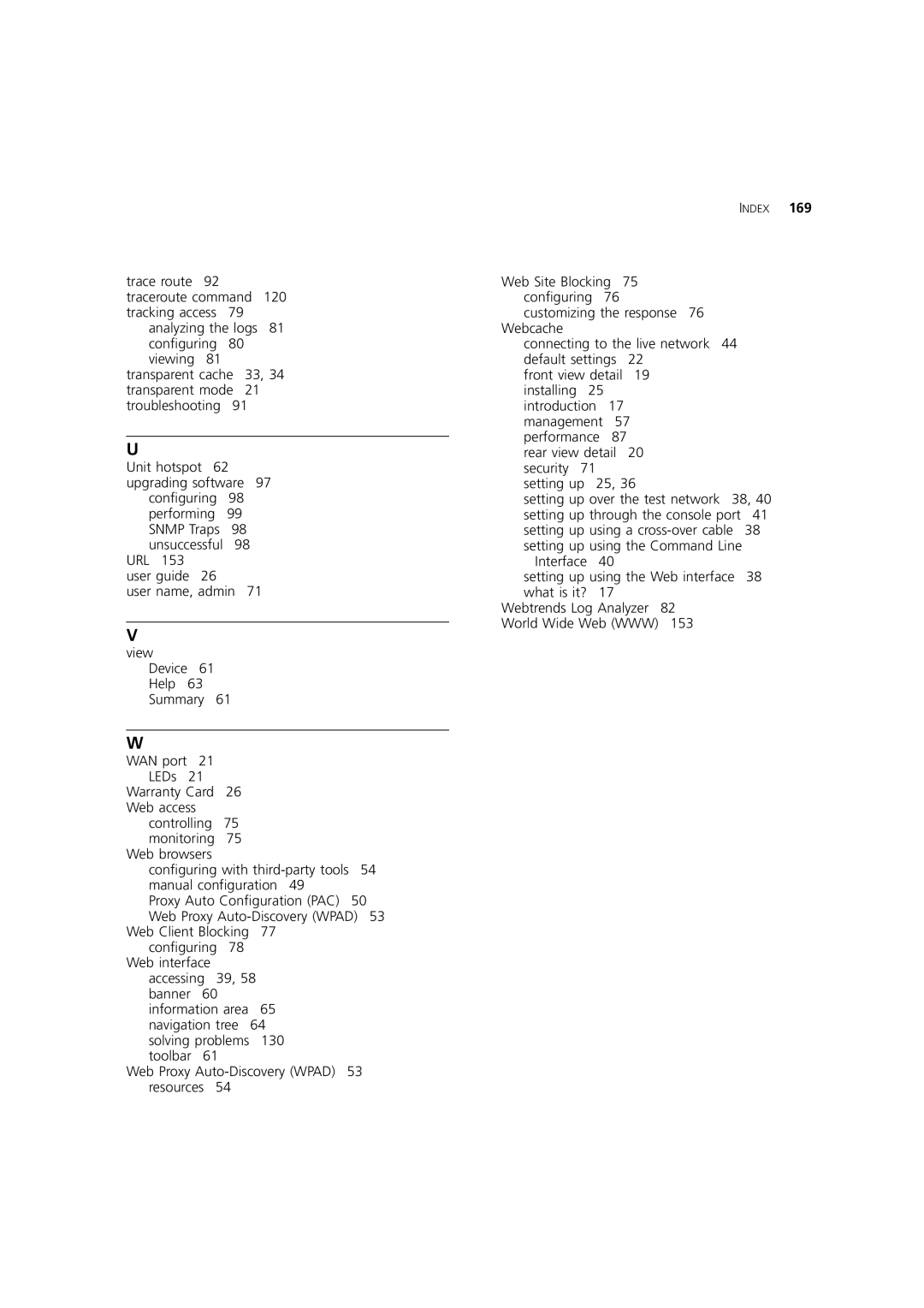 3Com Webcache 3000 (3C16116), Webcache 1000 (3C16115) manual Index 