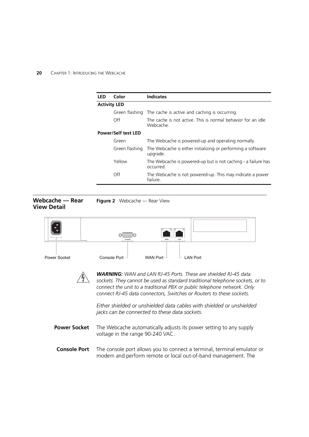 3Com Webcache 1000 (3C16115), Webcache 3000 (3C16116) manual LED Color Indicates Activity LED, Power/Self test LED 