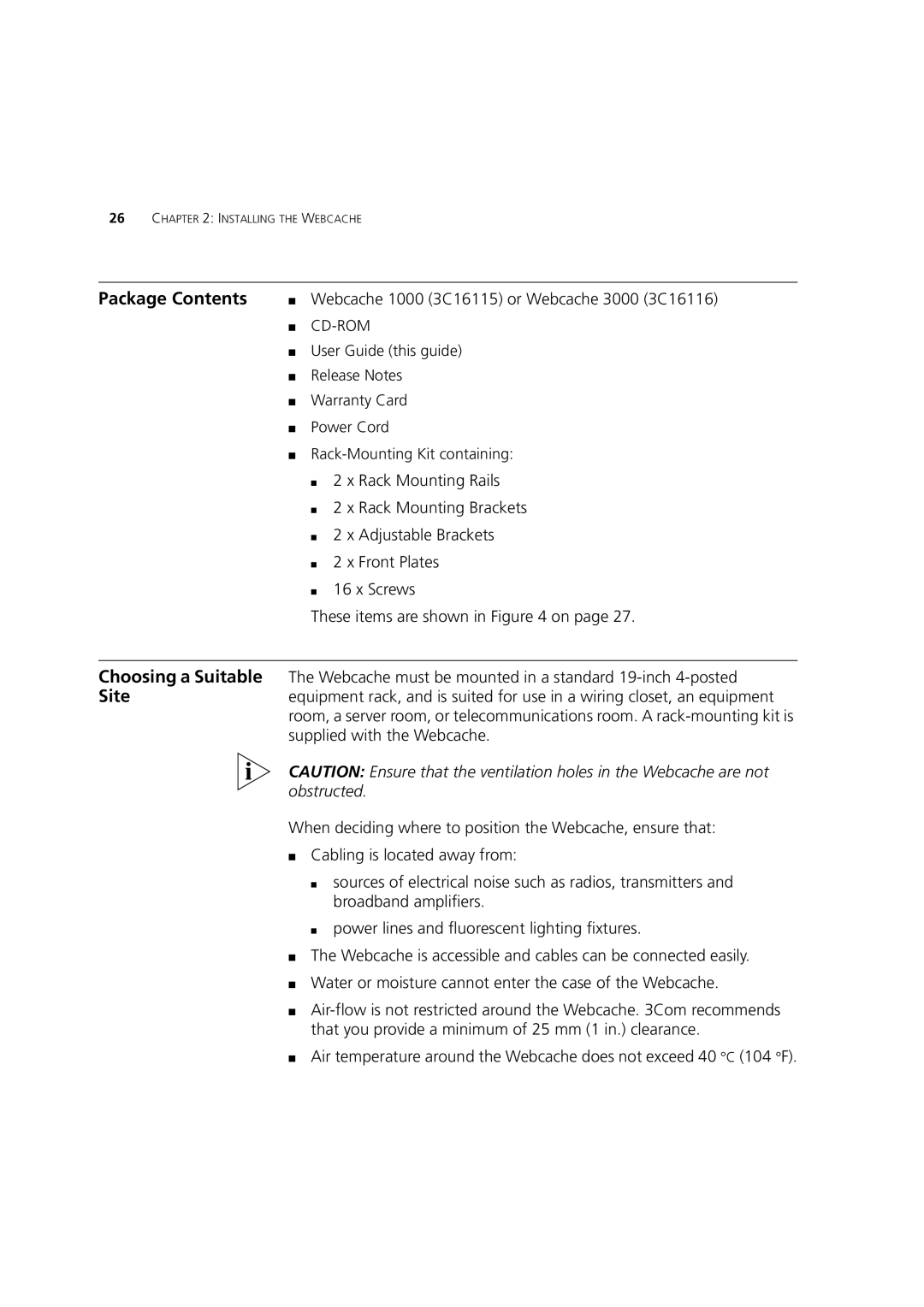 3Com Webcache 1000 (3C16115), Webcache 3000 (3C16116) manual Package Contents, Choosing a Suitable, Site 