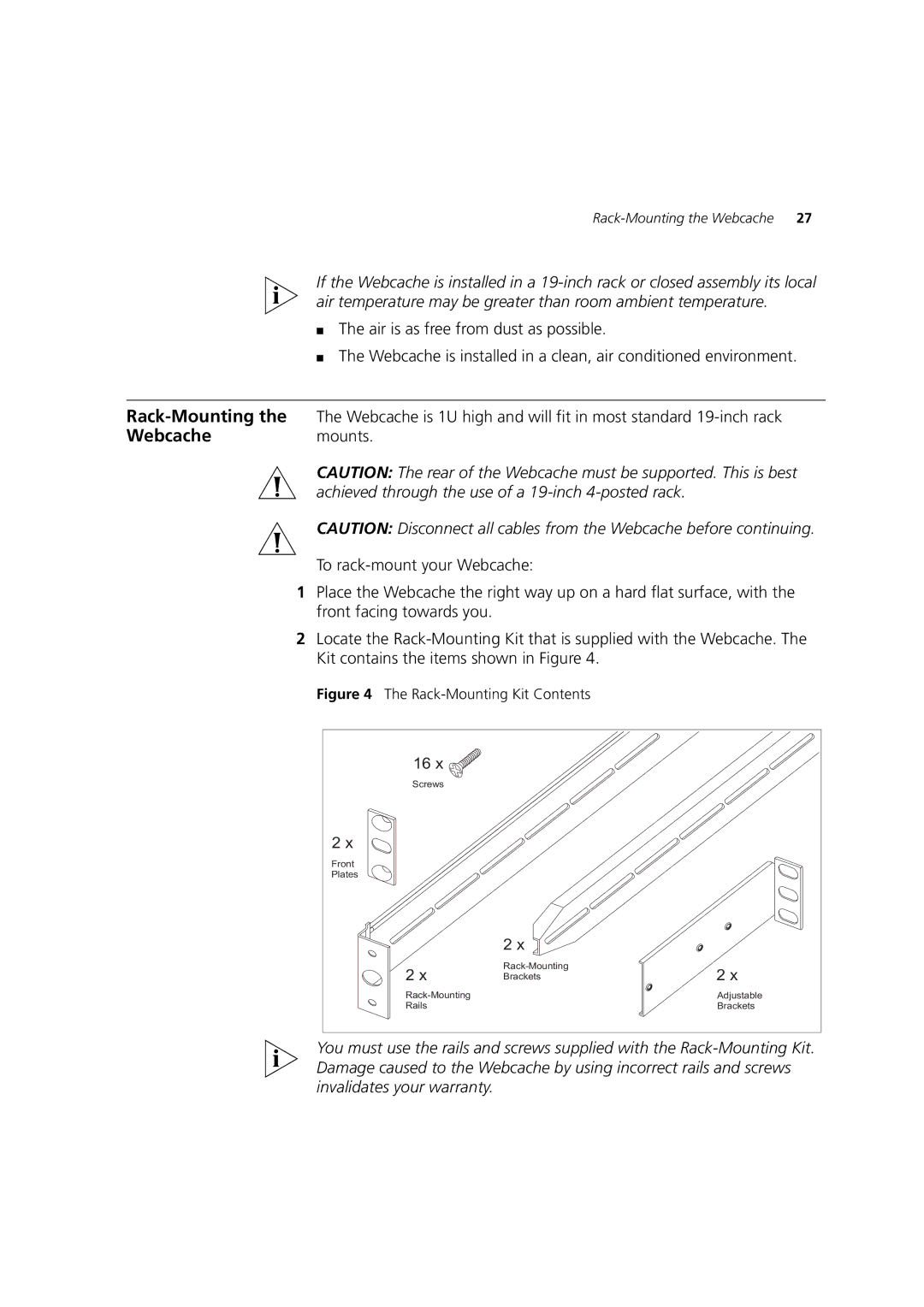 3Com Webcache 3000 (3C16116), Webcache 1000 (3C16115) manual Webcachemounts, Rack-Mounting Kit Contents 