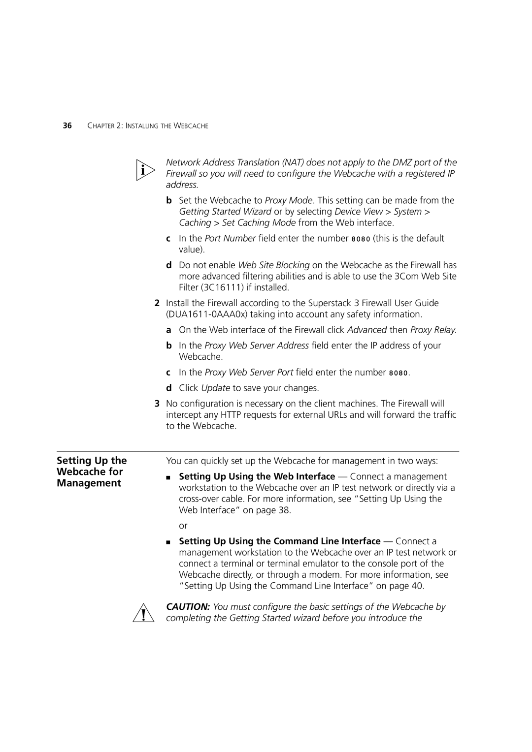 3Com Webcache 1000 (3C16115), Webcache 3000 (3C16116) manual Setting Up the Webcache for Management 