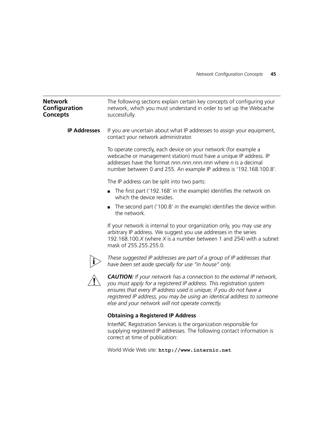 3Com Webcache 3000 (3C16116) manual Configuration, Concepts, IP Addresses, Obtaining a Registered IP Address 