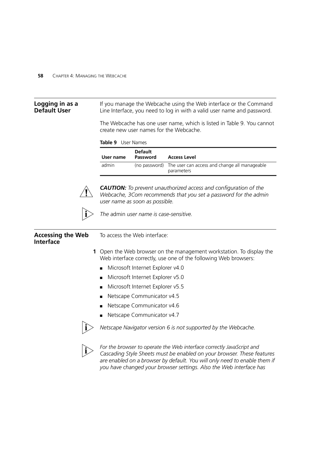 3Com Webcache 1000 (3C16115) manual Logging in as a, Default User, Interface, Admin user name is case-sensitive 