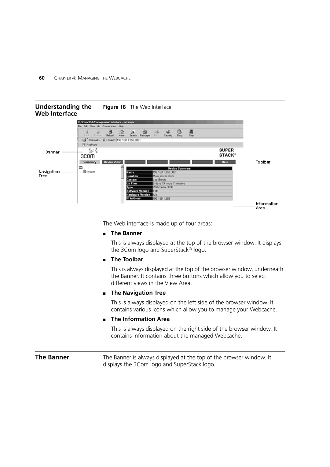 3Com Webcache 1000 (3C16115), Webcache 3000 (3C16116) manual Understanding the The Web Interface, Banner 