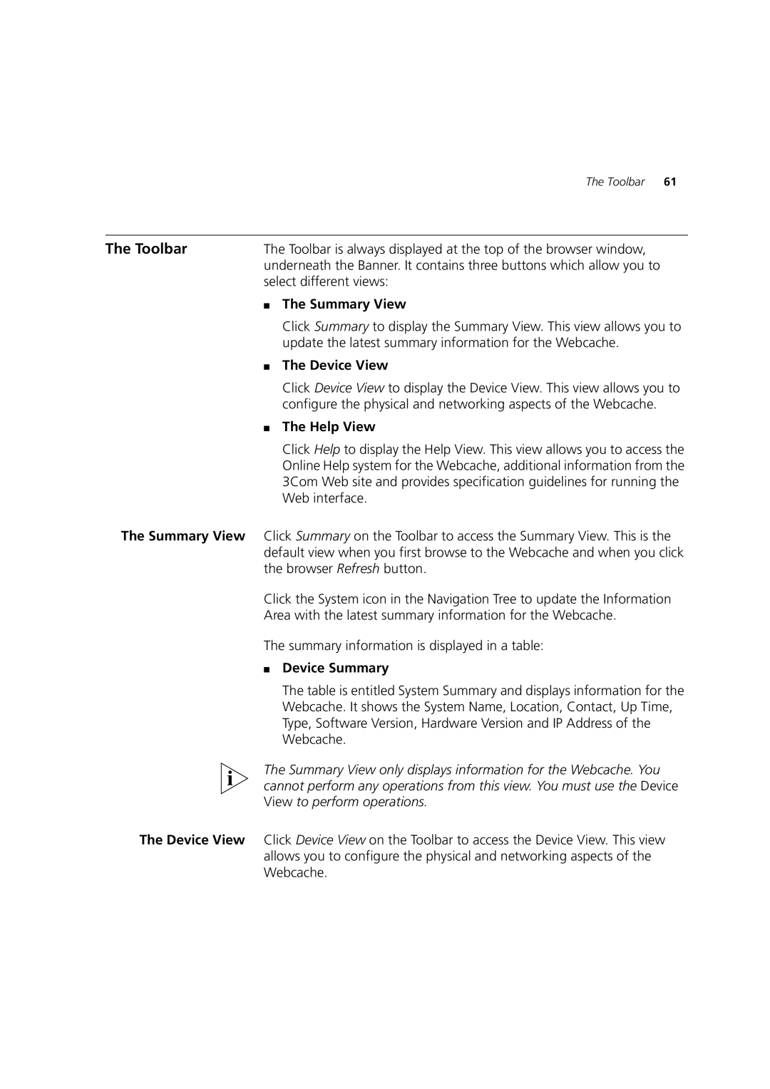 3Com Webcache 3000 (3C16116), Webcache 1000 (3C16115) manual Toolbar, Summary View, Device View, Help View, Device Summary 