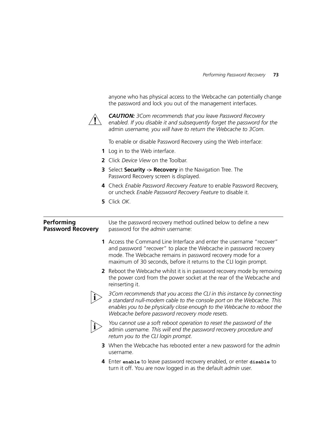 3Com Webcache 3000 (3C16116), Webcache 1000 (3C16115) manual Performing, Password Recovery, Password for the admin username 