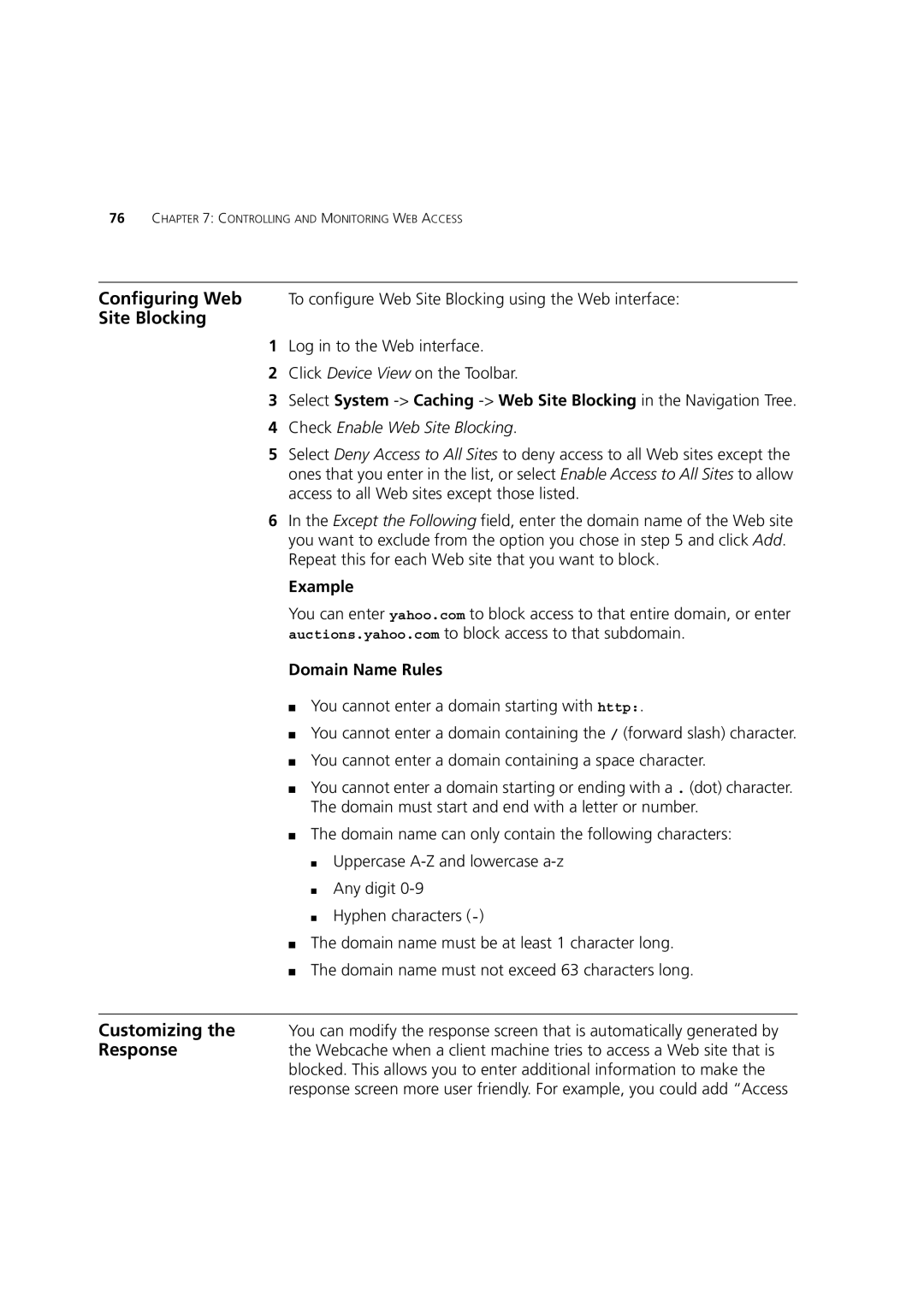 3Com Webcache 1000 (3C16115), Webcache 3000 (3C16116) manual Check Enable Web Site Blocking, Example Domain Name Rules 