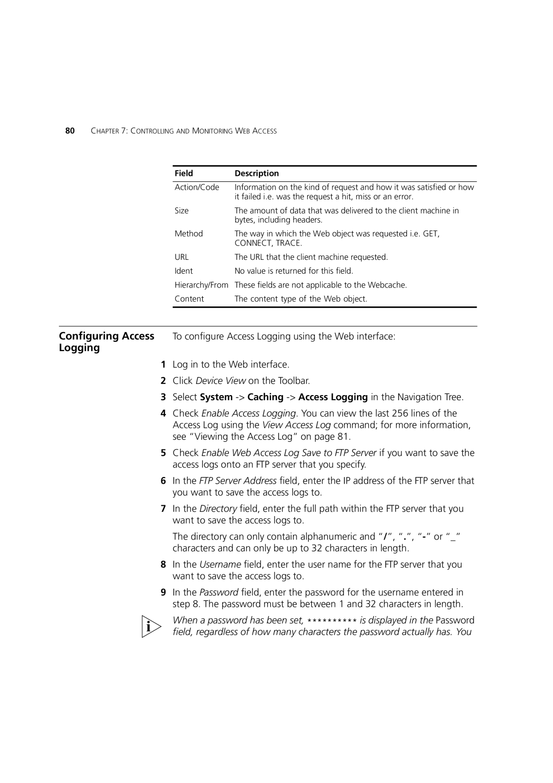 3Com Webcache 1000 (3C16115), Webcache 3000 (3C16116) manual Logging, Field Description 