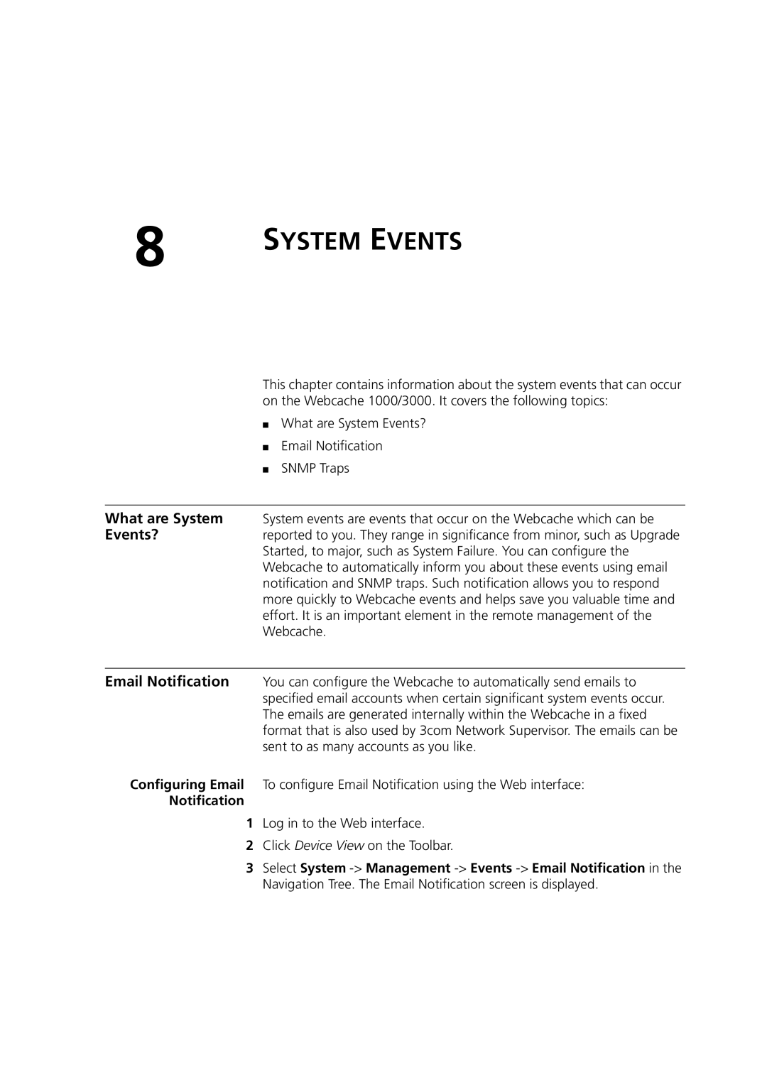 3Com Webcache 3000 (3C16116), Webcache 1000 (3C16115) manual System Events, Notification 