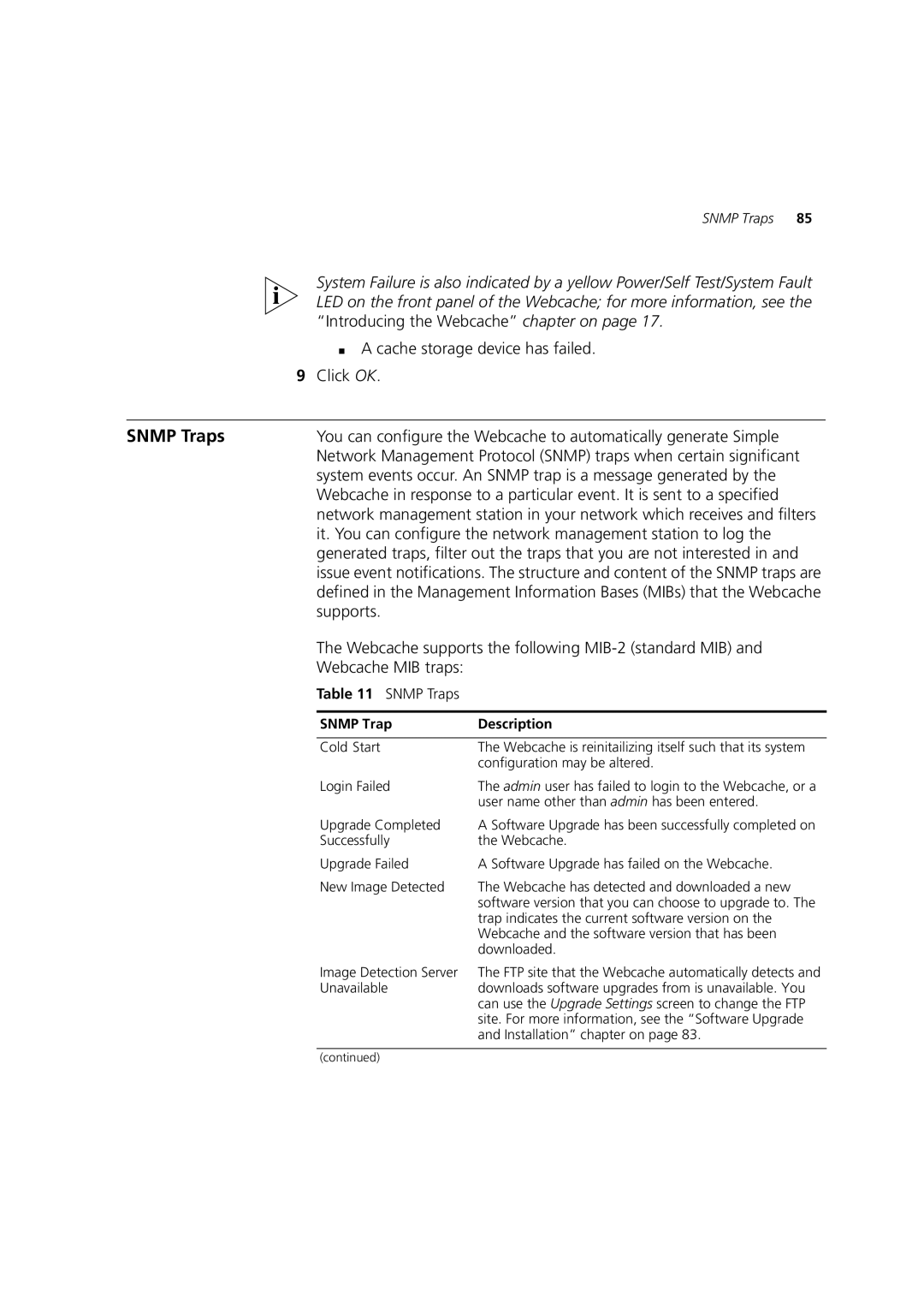 3Com Webcache 3000 (3C16116) manual Snmp Traps, Cache storage device has failed Click OK, Snmp Trap Description 