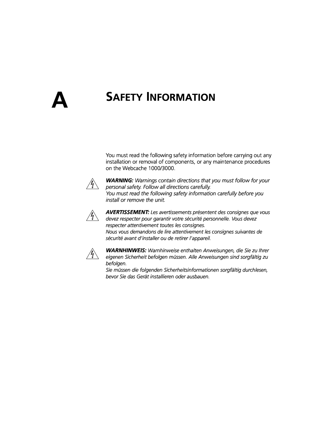 3Com Webcache 3000 (3C16116), Webcache 1000 (3C16115) manual Safety Information 