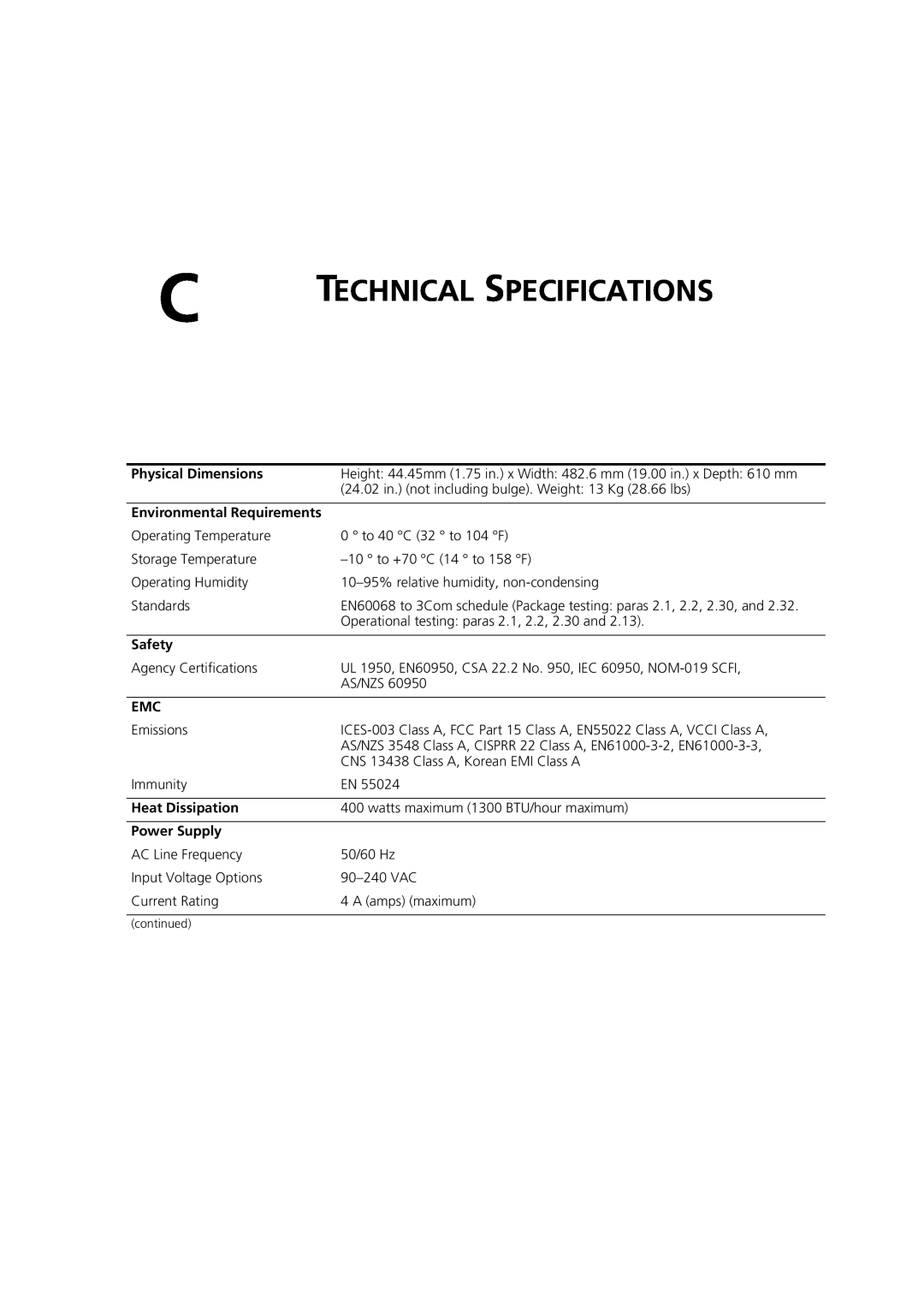 3Com Webcache 3000 (3C16116), Webcache 1000 (3C16115) manual Technical Specifications 