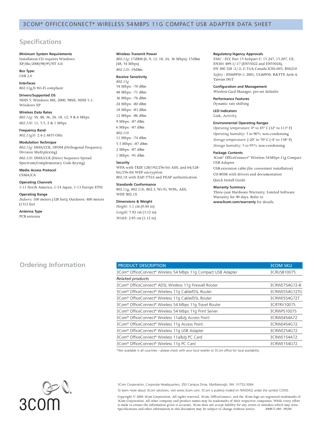 3Com Wireless Compact USB Adapter manual Specifications, Ordering Information, Product Description 3COM SKU 