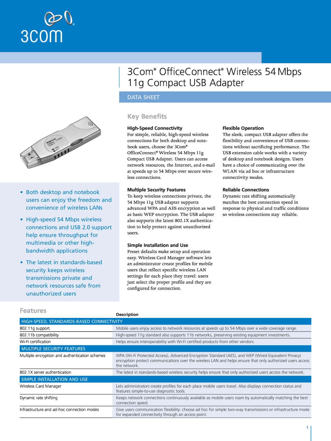 3Com Wireless Compact USB Adapter manual Key Benefits, Features, Data Sheet 