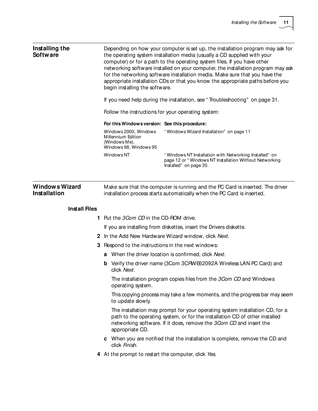 3Com WL-305 warranty Software, Install Files 