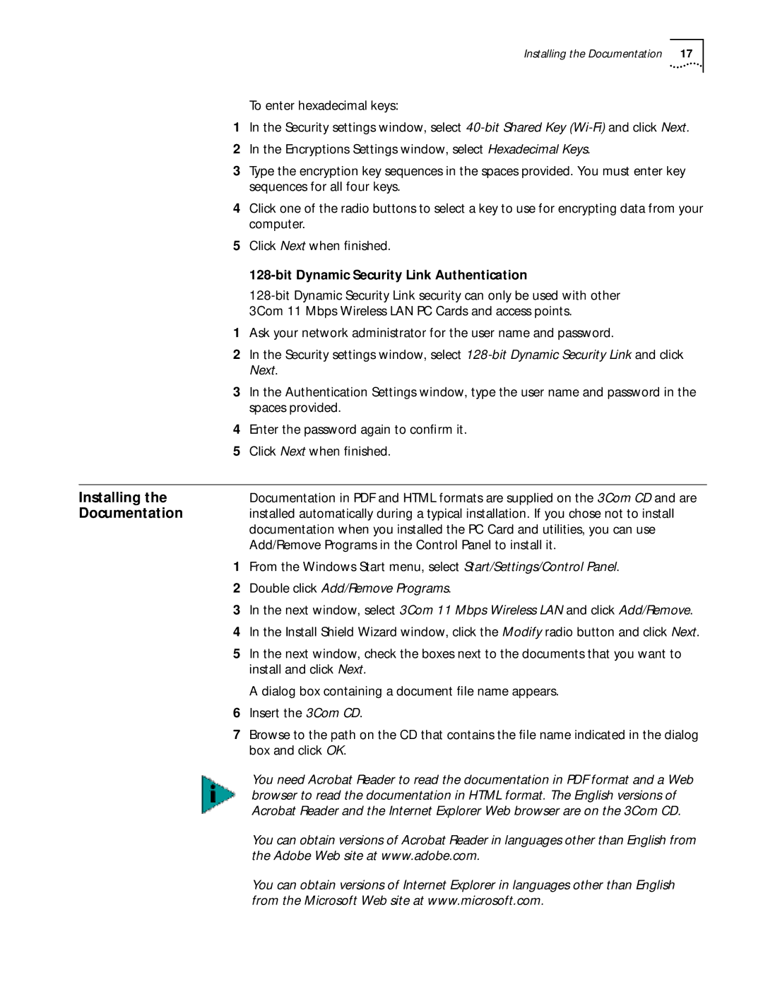 3Com WL-305 warranty Installing Documentation, Bit Dynamic Security Link Authentication 