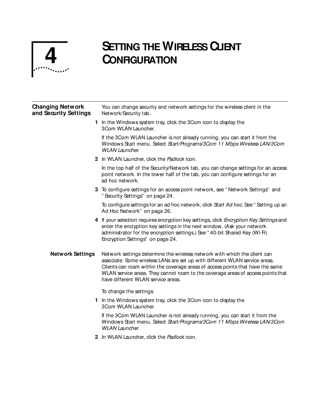 3Com WL-305 warranty Setting the Wireless Client Configuration, Changing Network, Security Settings, Network/Security tab 