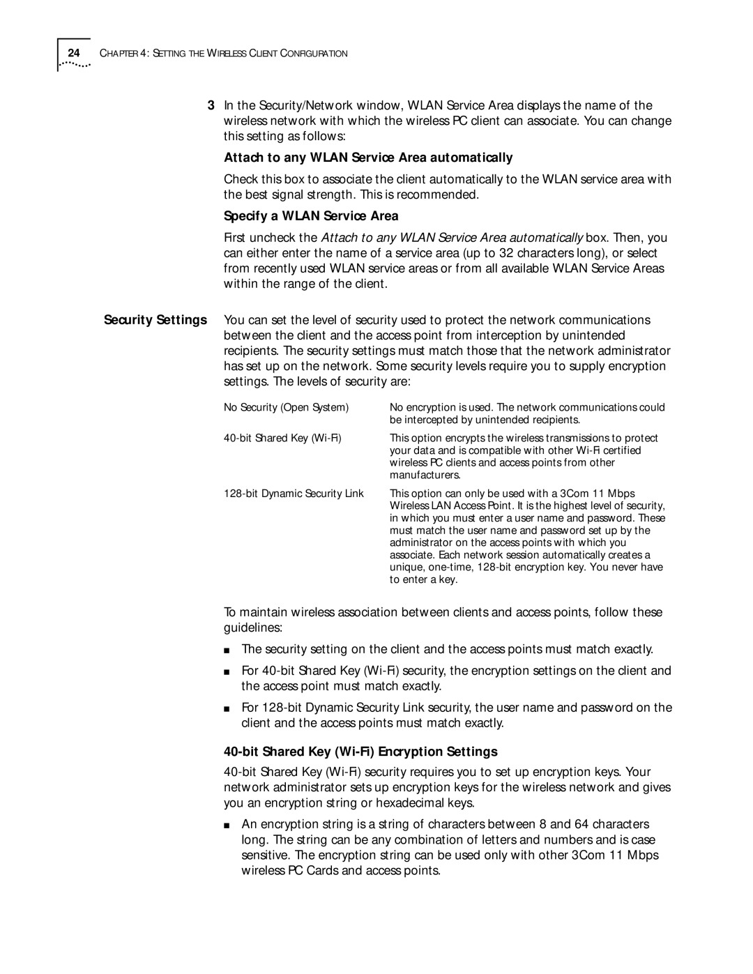 3Com WL-305 warranty Attach to any Wlan Service Area automatically, Specify a Wlan Service Area 