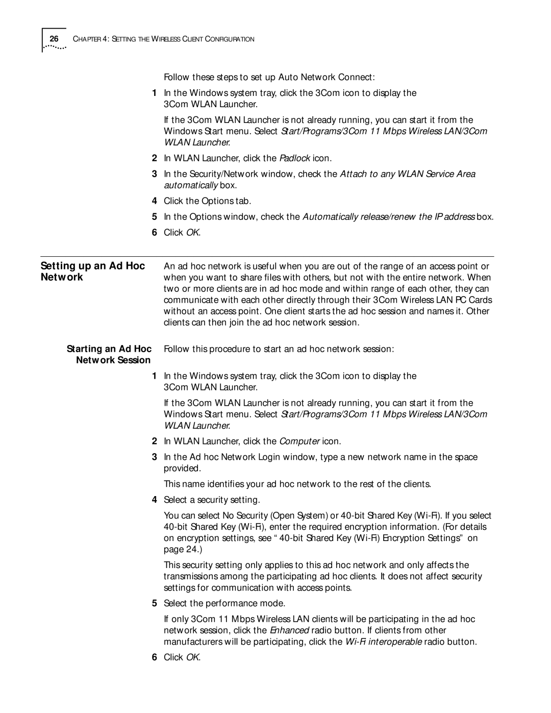 3Com WL-305 warranty Setting up an Ad Hoc Network, Network Session 