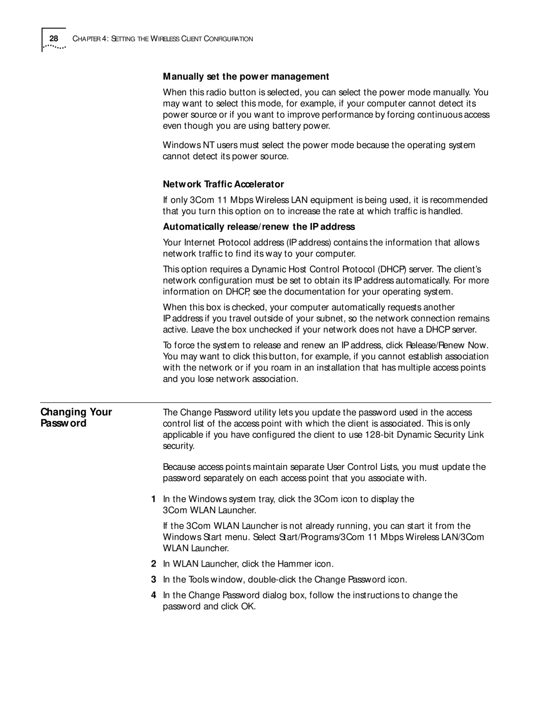 3Com WL-305 warranty Changing Your, Password, Manually set the power management, Network Trafﬁc Accelerator 