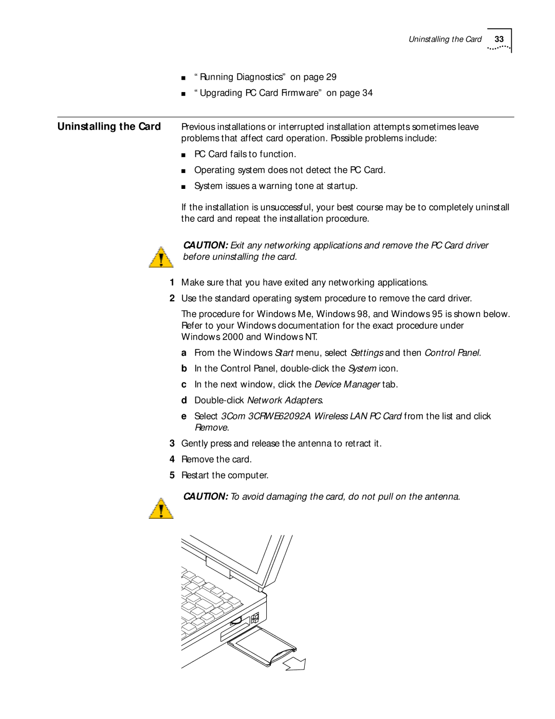 3Com WL-305 warranty Uninstalling the Card 