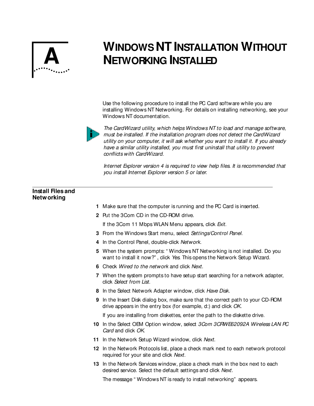 3Com WL-305 warranty Networking Installed, Install Files Networking 