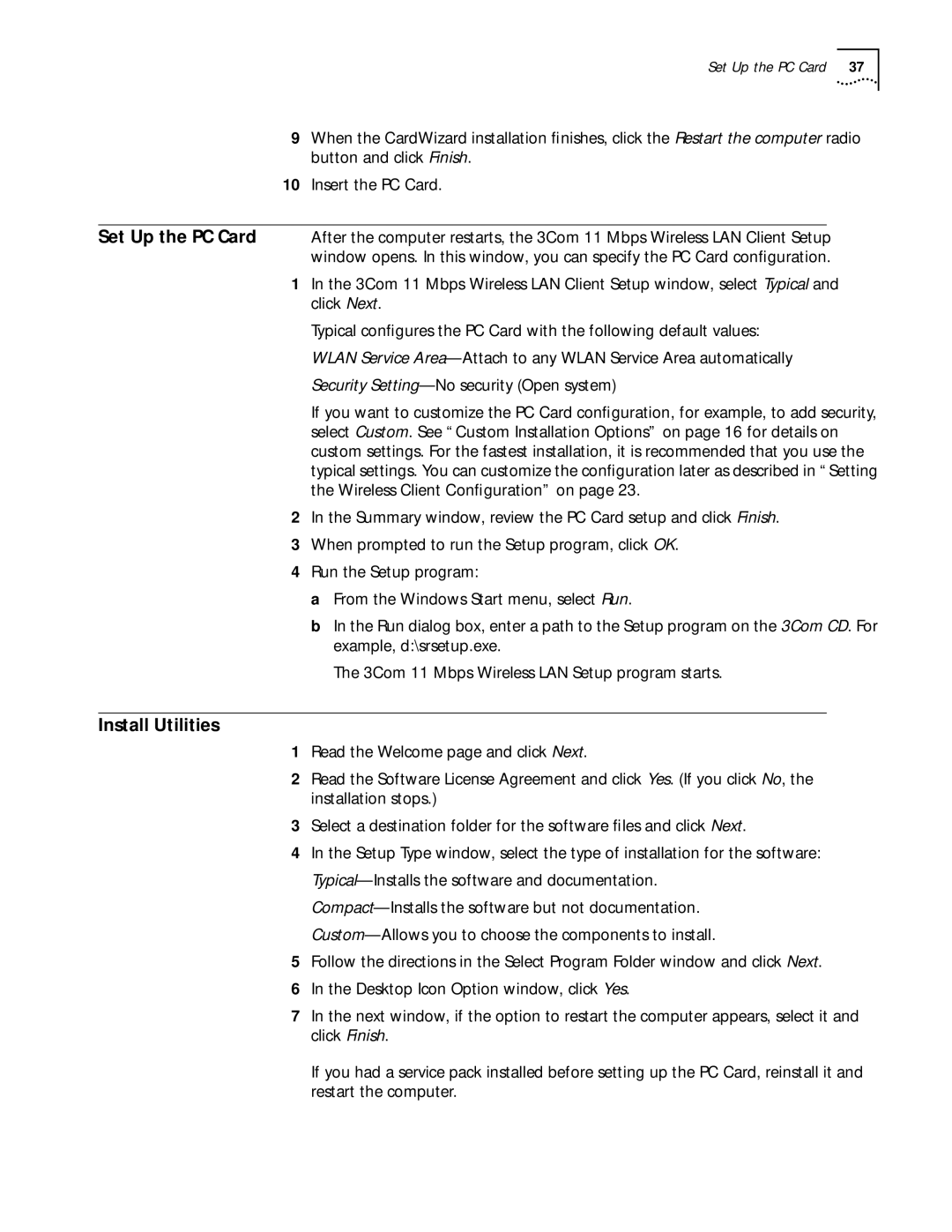 3Com WL-305 warranty Install Utilities 