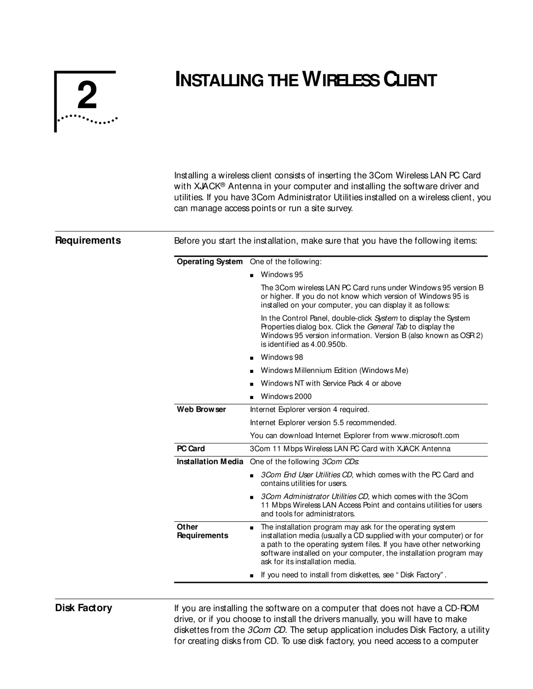 3Com WL-305 warranty Installing the Wireless Client, Requirements, Disk Factory 