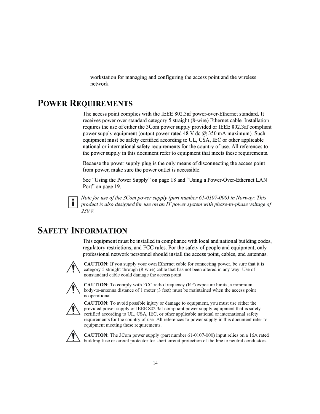 3Com WL-462, WL-450, WL-463 manual Power Requirements, Safety Information 