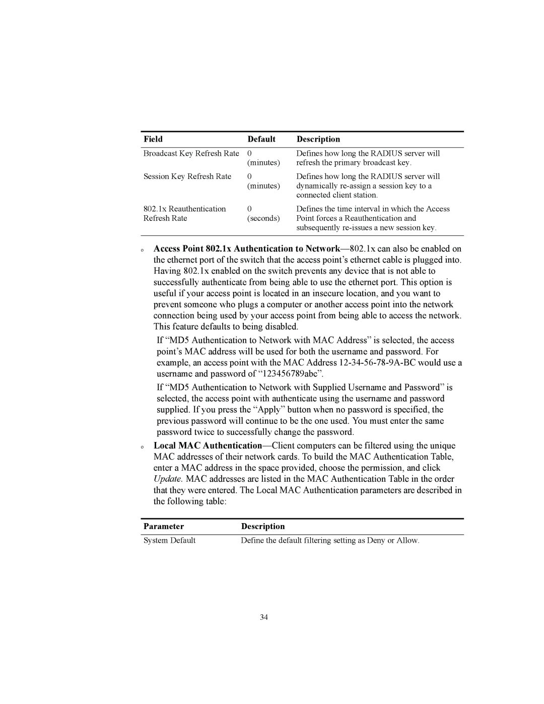 3Com WL-463, WL-450, WL-462 manual Field Default Description 