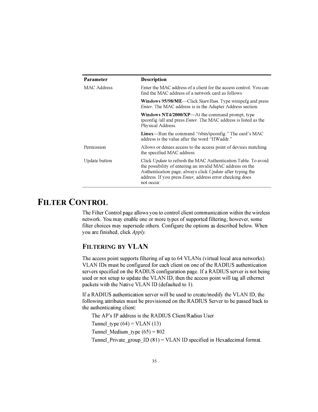 3Com WL-462, WL-450, WL-463 manual Filter Control, Filtering by Vlan 