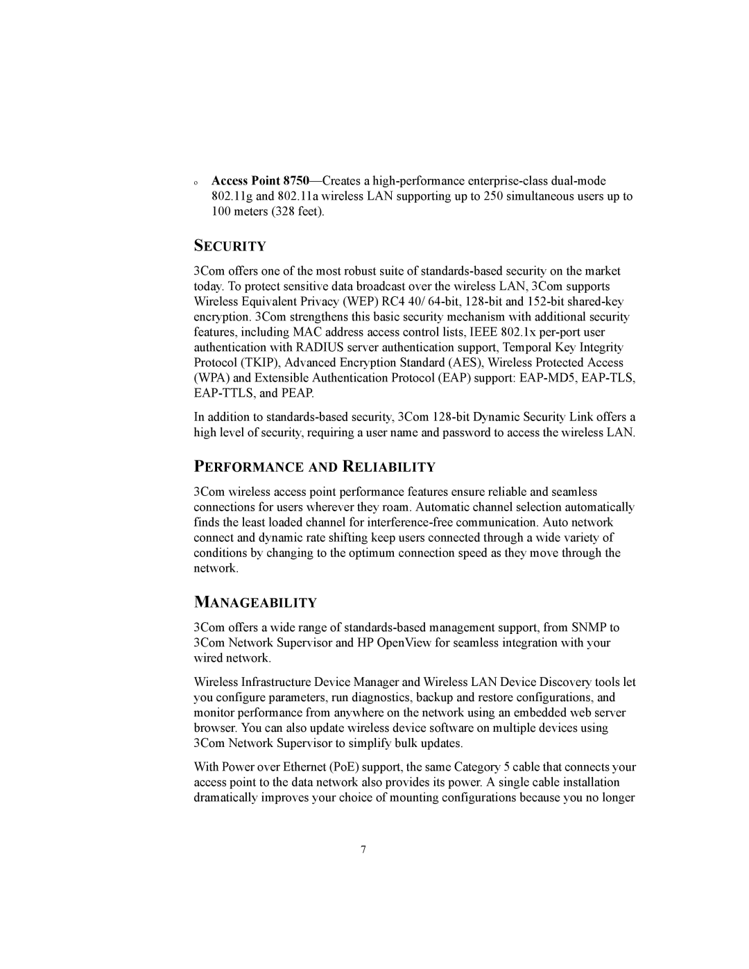 3Com WL-463, WL-450, WL-462 manual Security, Performance and Reliability, Manageability 