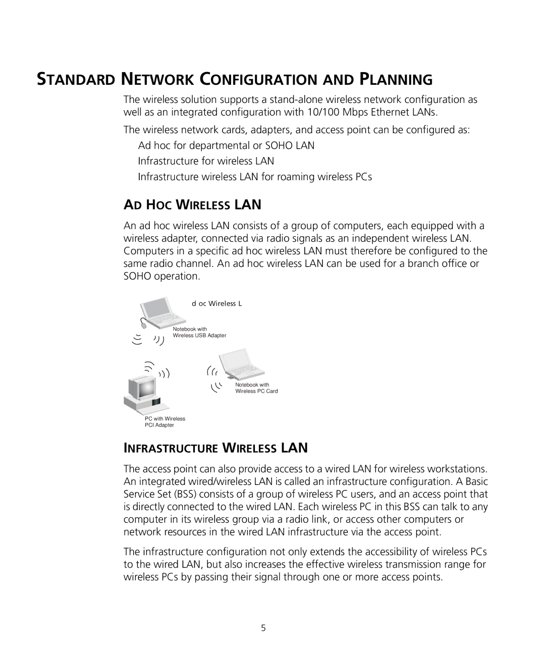 3Com WL-455 manual Standard Network Configuration and Planning, AD HOC Wireless LAN, Infrastructure Wireless LAN 