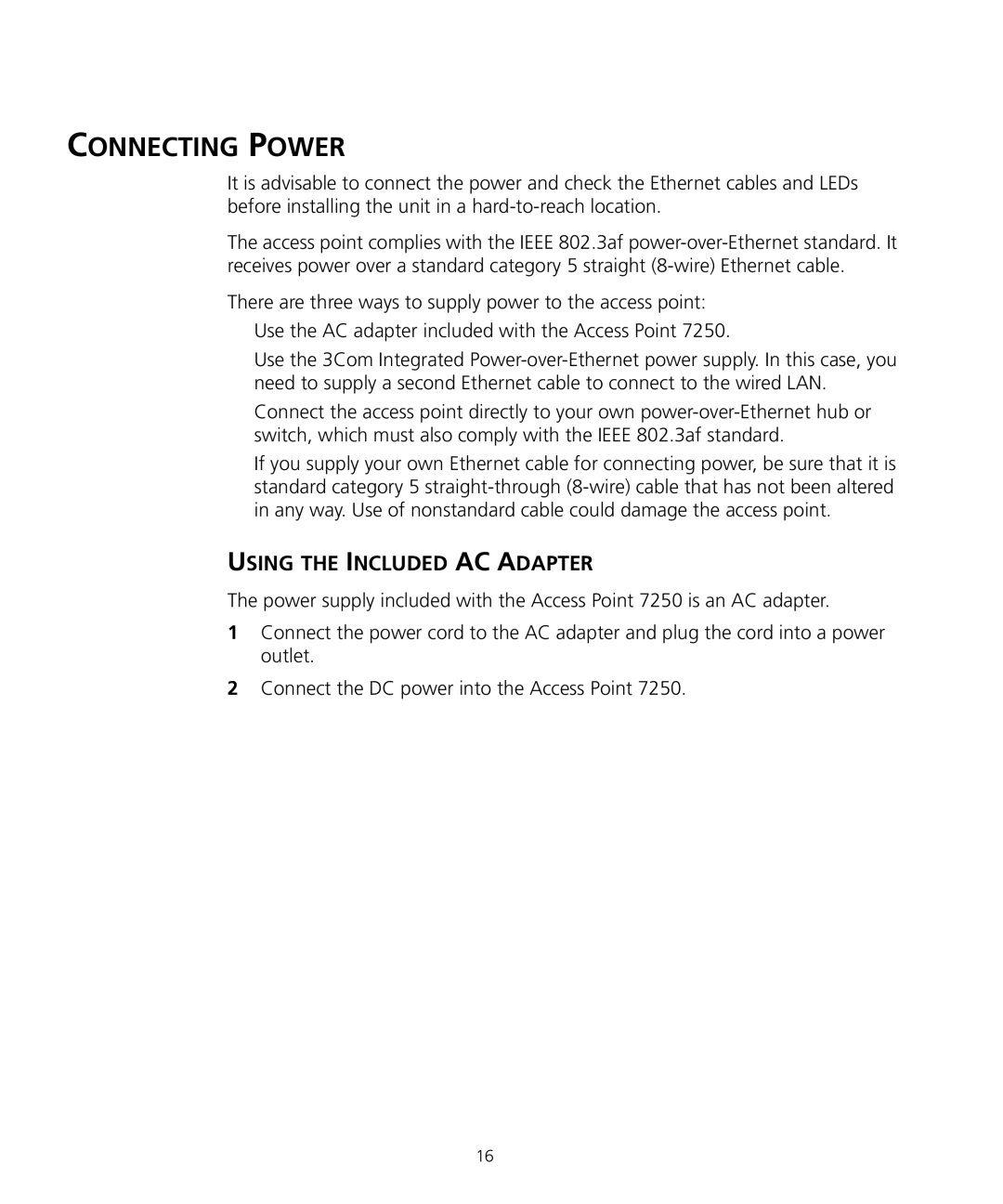 3Com WL-455 manual Connecting Power, Using the Included AC Adapter 