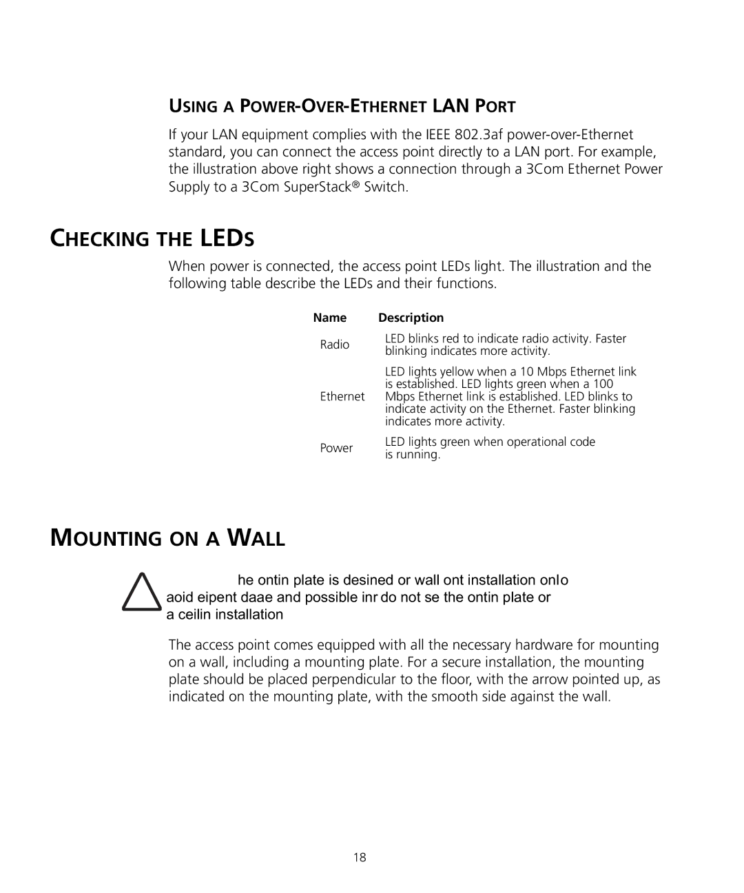 3Com WL-455 manual Checking the Leds, Mounting on a Wall, Using a POWER-OVER-ETHERNET LAN Port 