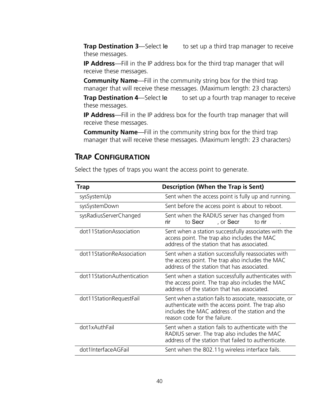 3Com WL-455 manual Trap Configuration, Trap Description When the Trap is Sent 