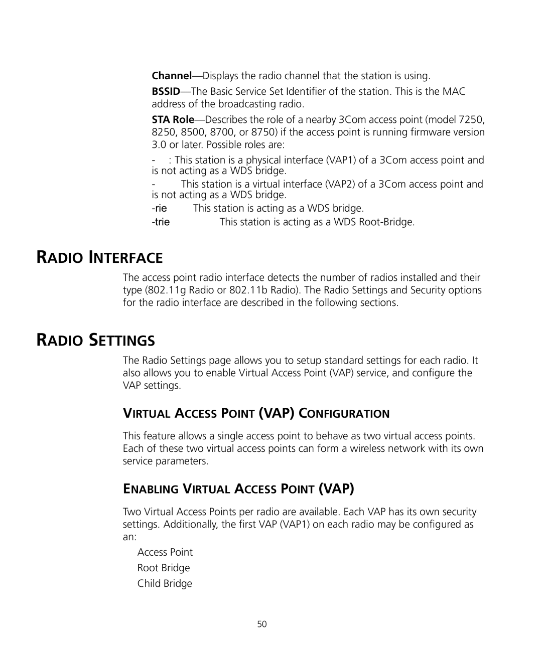 3Com WL-455 Radio Interface, Radio Settings, Virtual Access Point VAP Configuration, Enabling Virtual Access Point VAP 