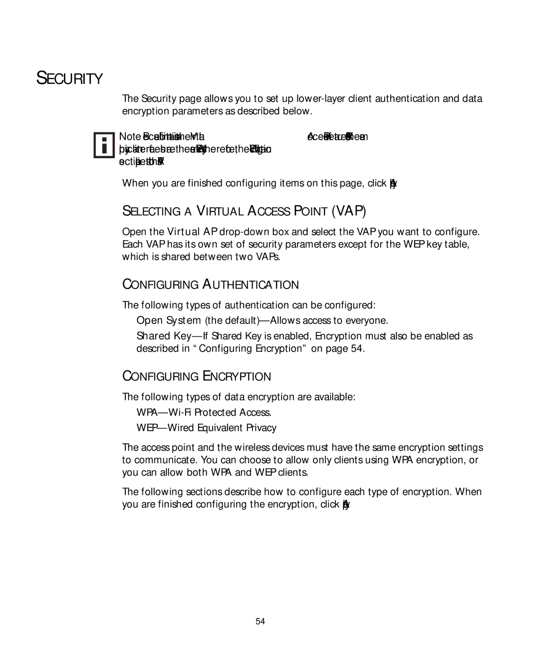 3Com WL-455 manual Security, Selecting a Virtual Access Point VAP, Configuring Authentication, Configuring Encryption 