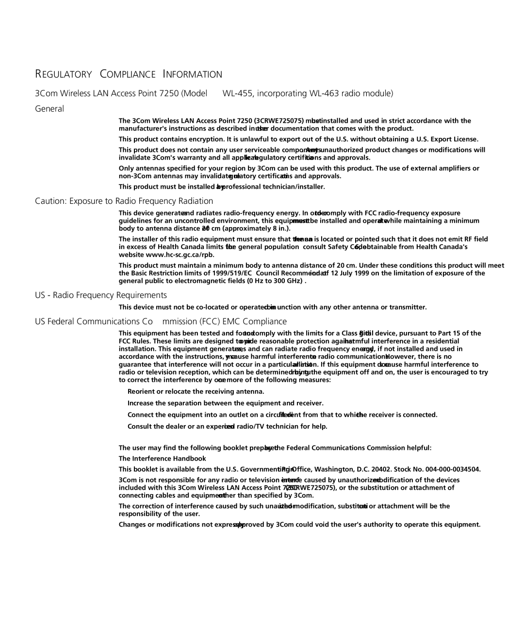 3Com WL-455 manual Regulatory Compliance Information 