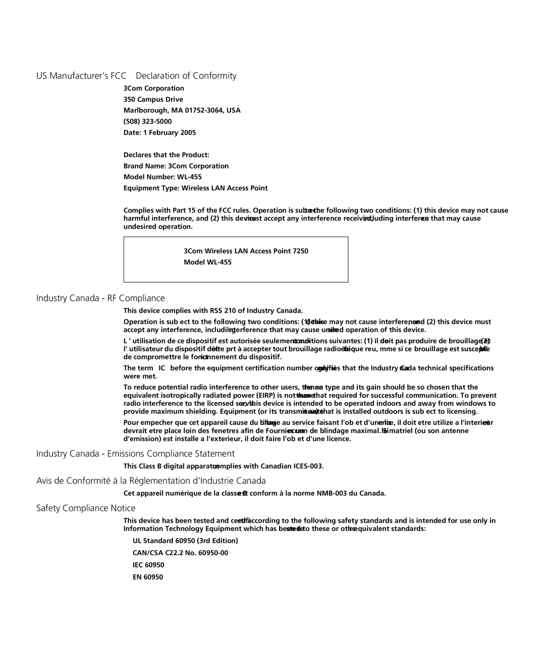 3Com WL-455 manual Industry Canada Emissions Compliance Statement 