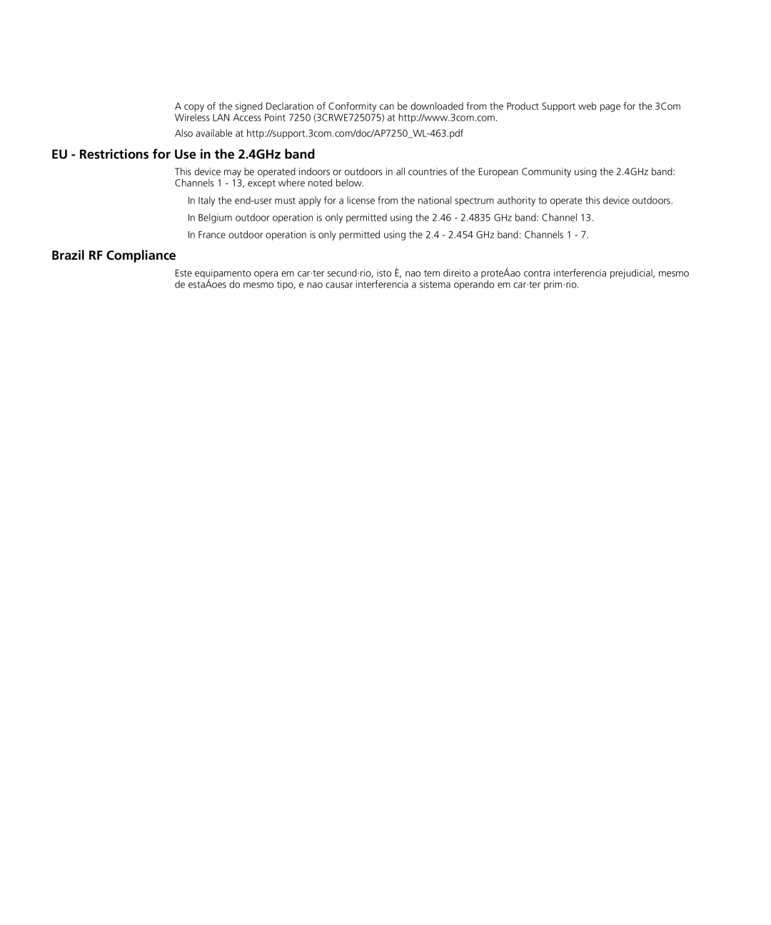 3Com WL-455 manual EU Restrictions for Use in the 2.4GHz band 