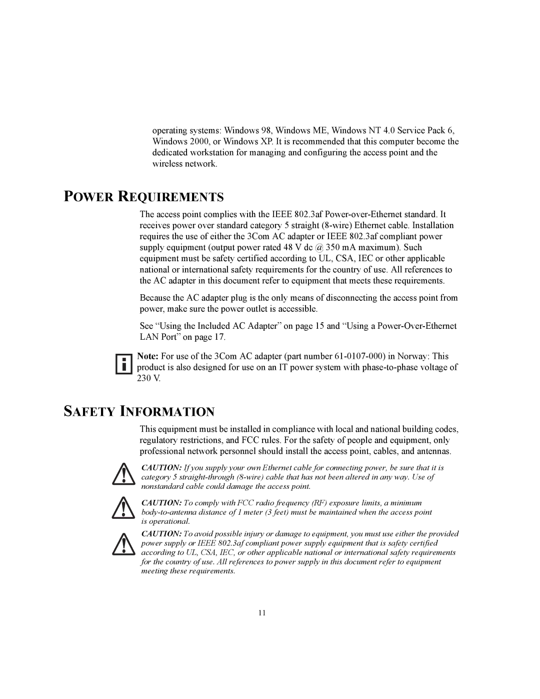 3Com WL-455 manual Power Requirements, Safety Information 