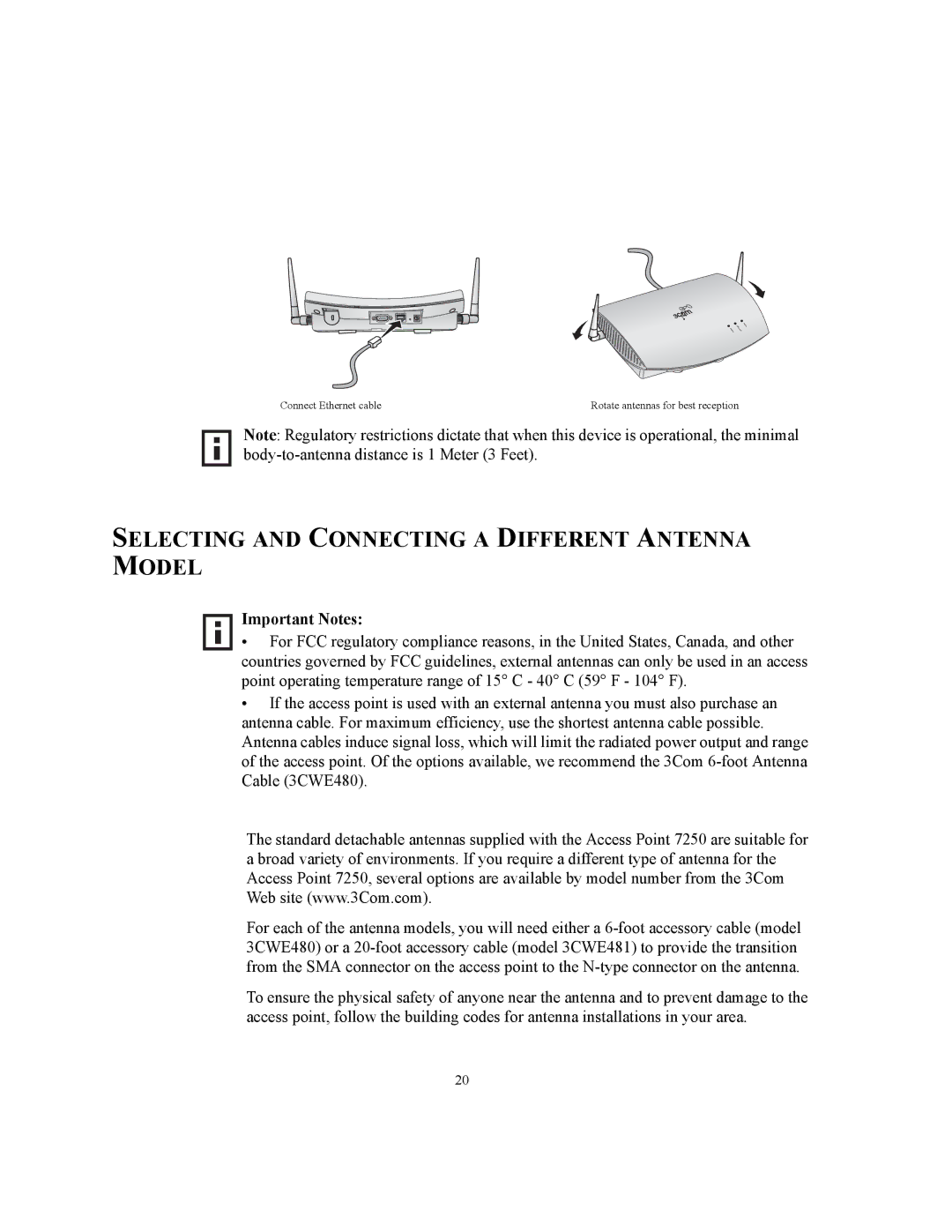 3Com WL-455 manual Selecting and Connecting a Different Antenna Model, Important Notes 