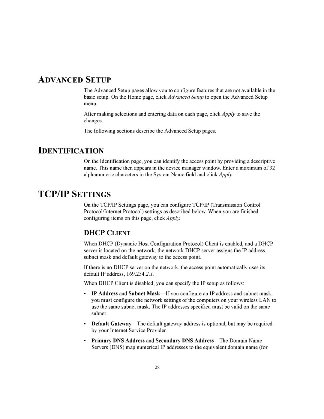 3Com WL-455 manual Advanced Setup, Identification, Dhcp Client 