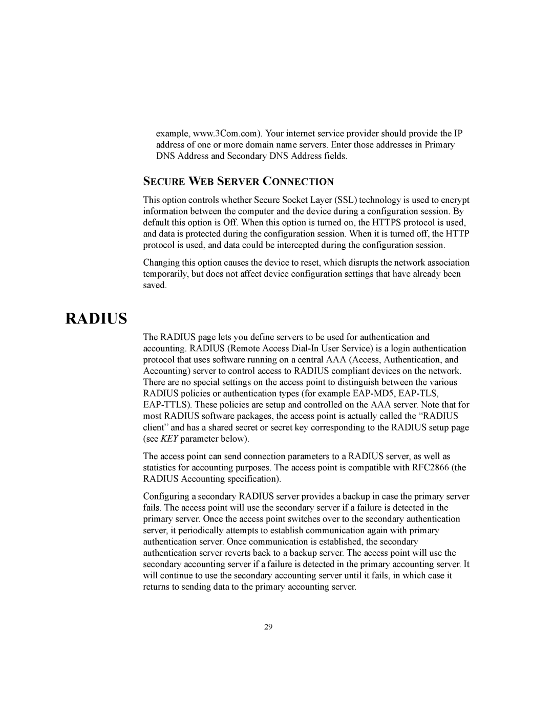 3Com WL-455 manual Radius, Secure WEB Server Connection 