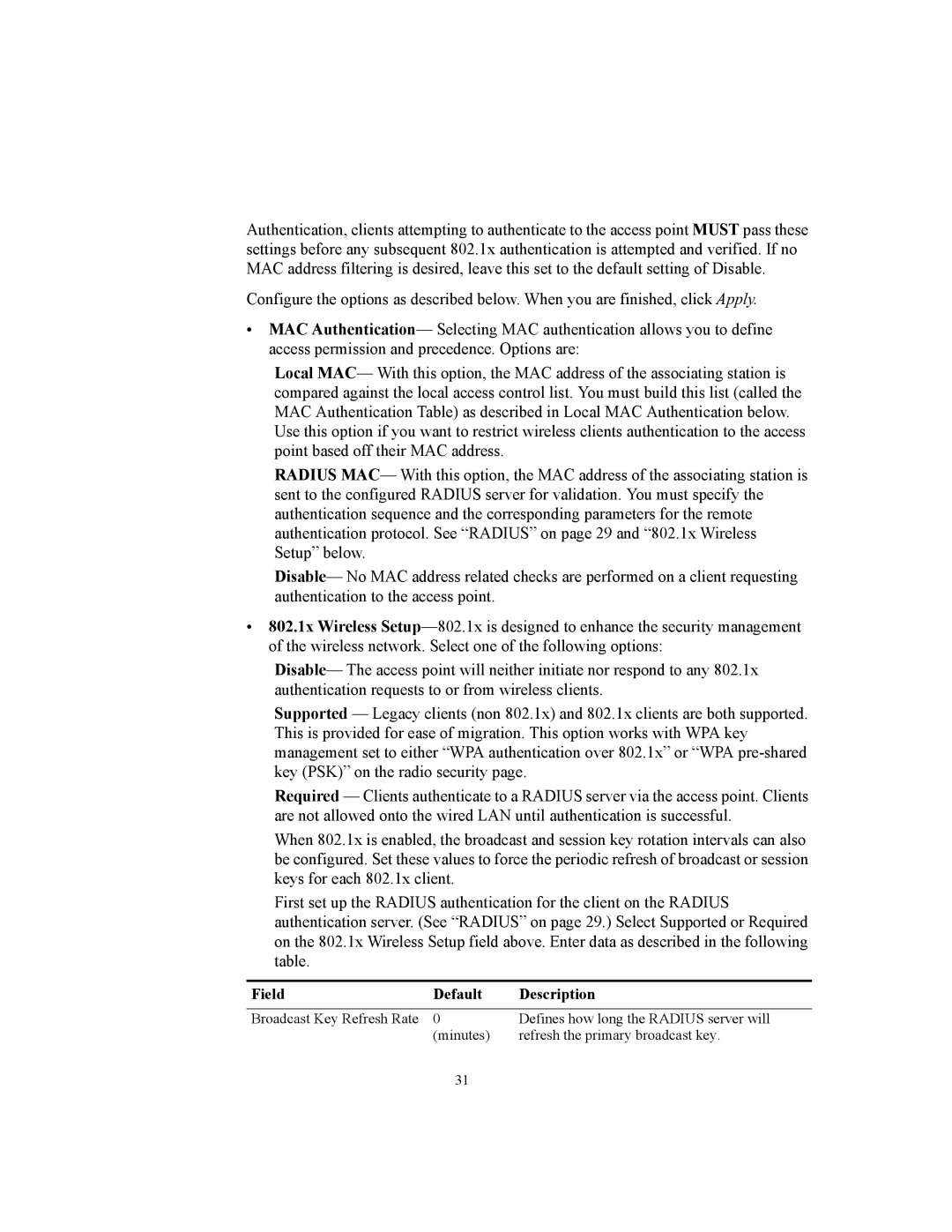 3Com WL-455 manual Field Default Description 