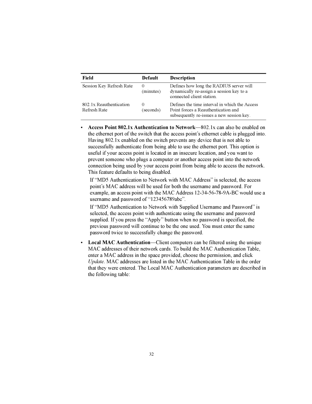 3Com WL-455 manual Field Default Description 