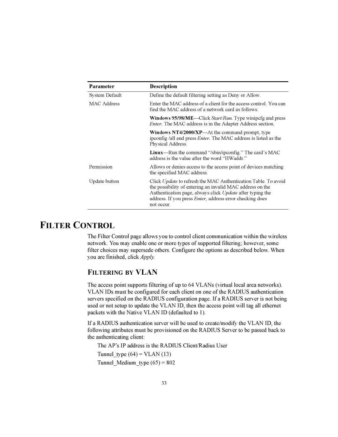 3Com WL-455 manual Filter Control, Filtering by Vlan 