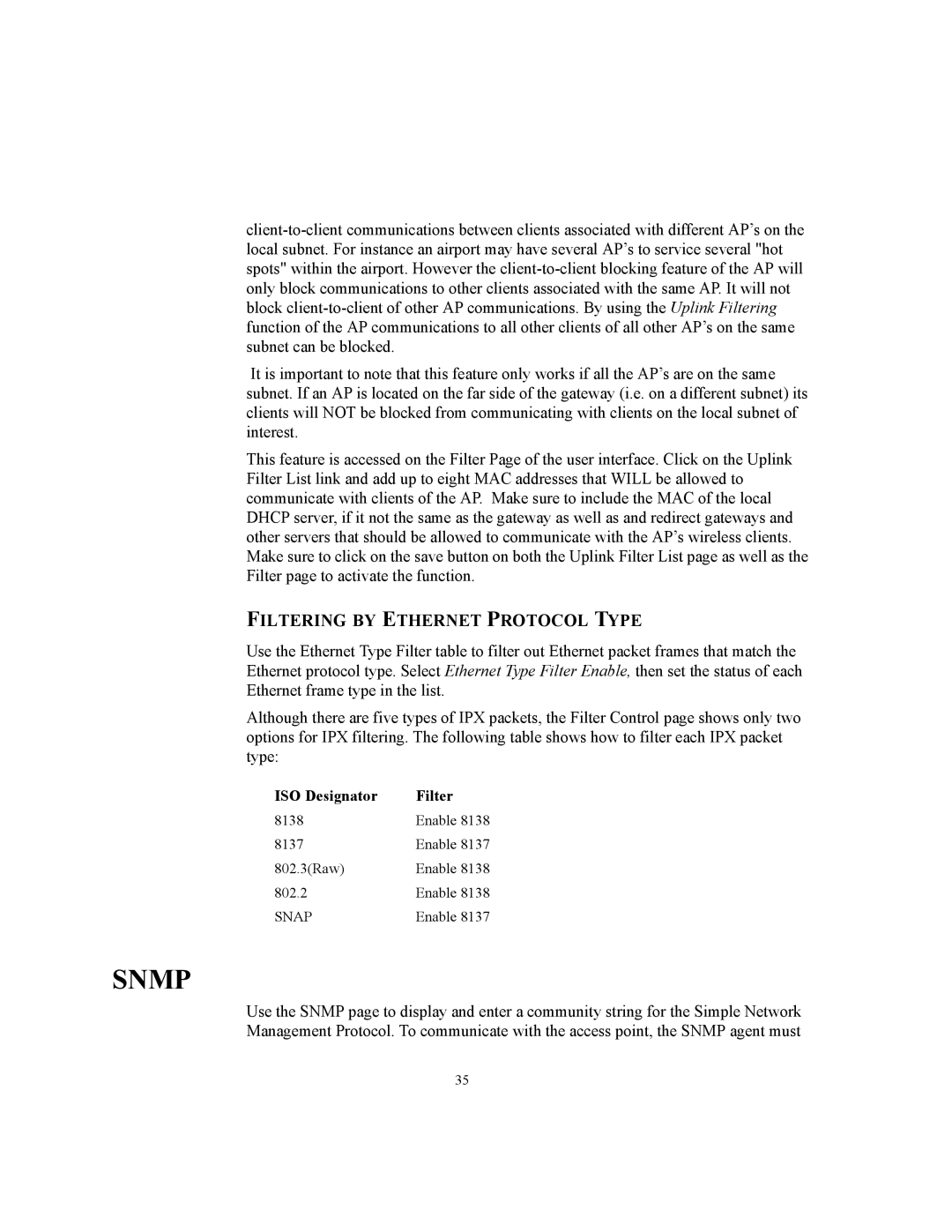 3Com WL-455 manual Snmp, Filtering by Ethernet Protocol Type 