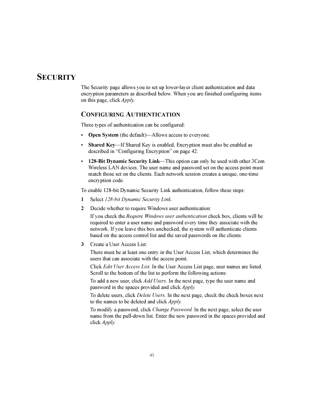 3Com WL-455 manual Security, Configuring Authentication 